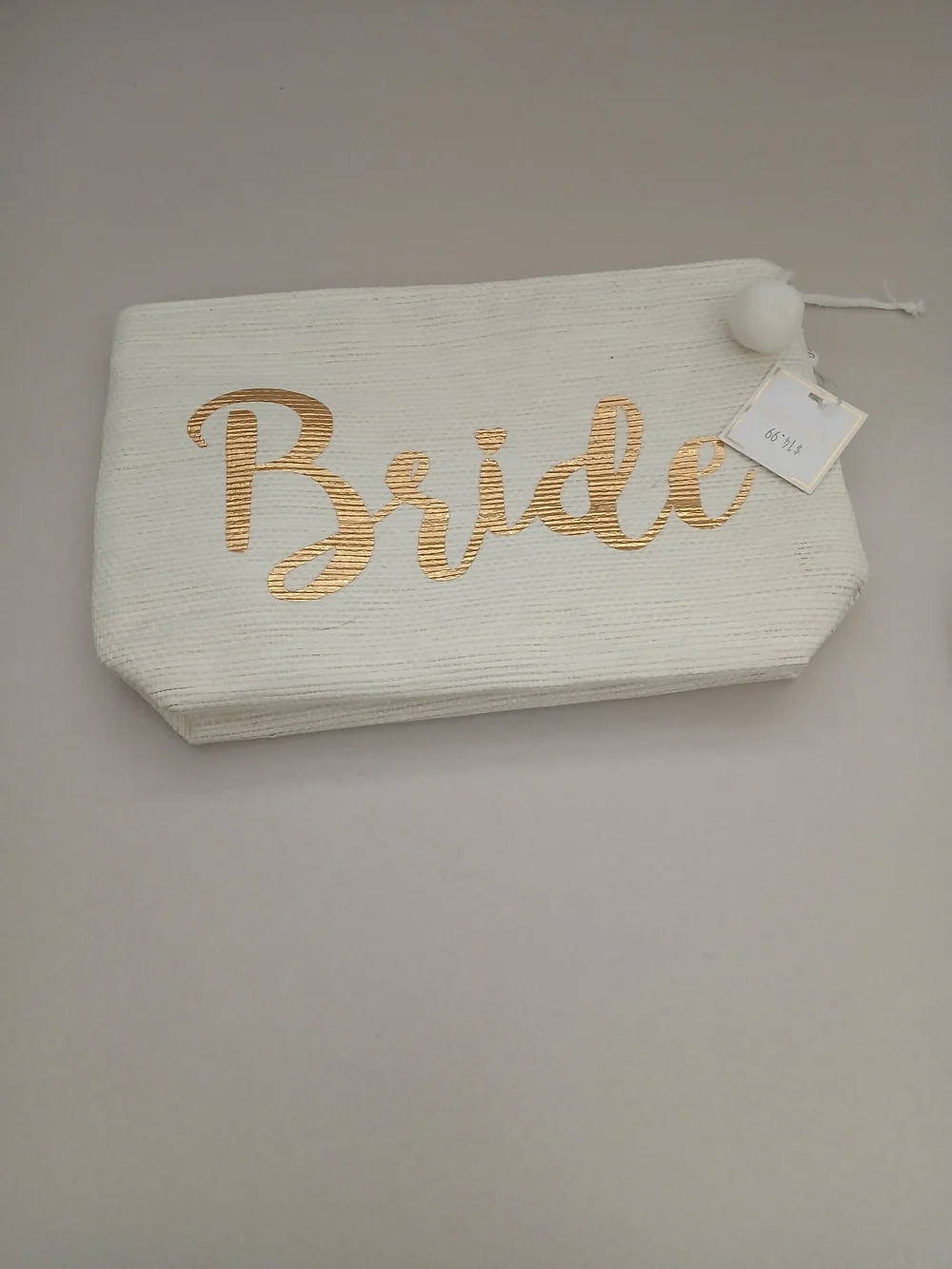 Shiraleah Cream Canvas Pouch with Gold Script and Pom Pom